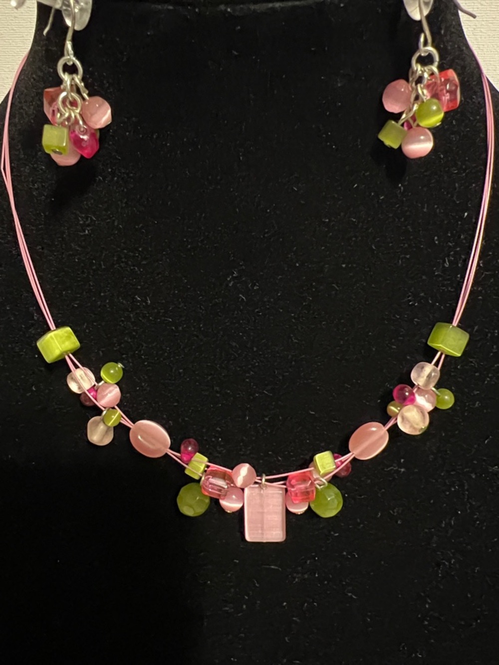 Handcrafted Pink & Green Beaded Necklace and Earring Set Springtime Fashion